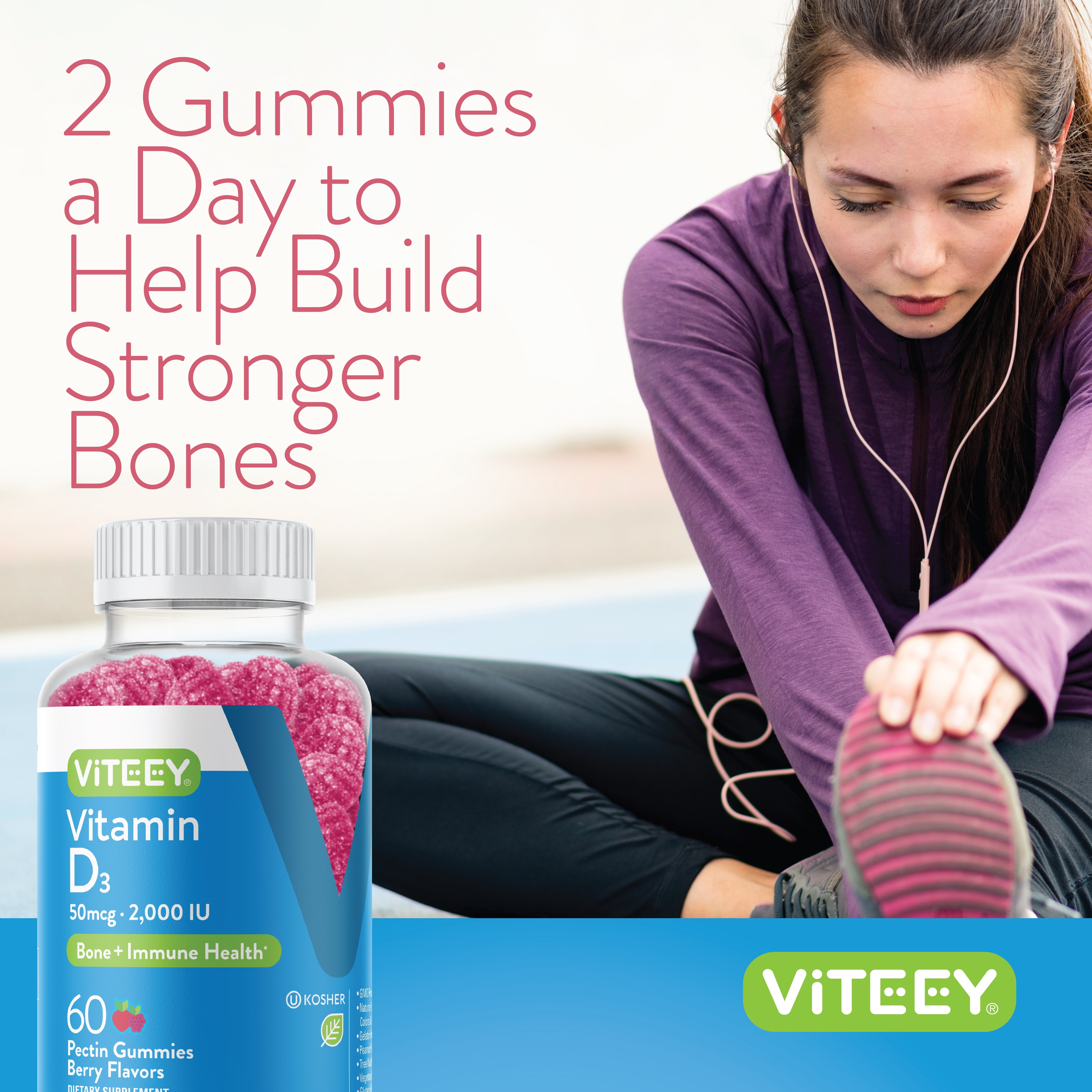 VITEEY Vitamin D3 Gummies 2000 IU,  Bone and Immune Support, Berry Flavor, 60 Count, 2 Pack