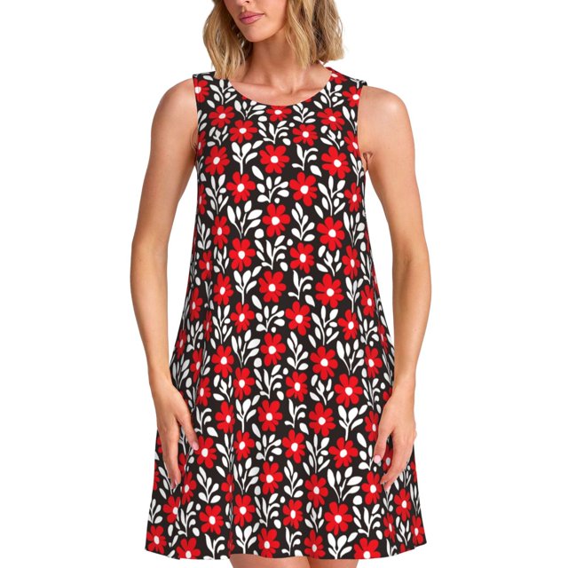 Easygdp Red Floral para Vestido Transpirable de Mujer, Vestido Suelto de Manga Corta con Pliegues y Bolsillos para el Verano