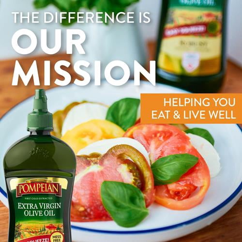 Pompeian Easy Squeeze, Robust Extra Virgin Olive Oil, First Cold Pressed, Full-Bodied Flavor, Mess Free, Perfect For Salad Dressings & Marinades, 25.4 Fl Oz., Single Squeeze Bottle - Pack of 2