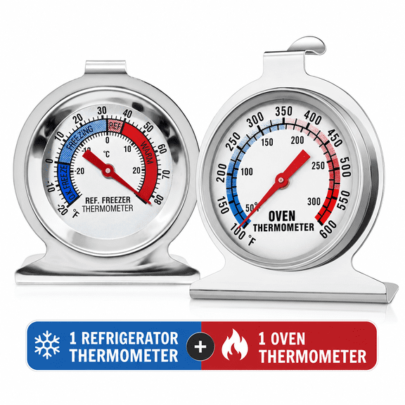 Hemivara 2-Piece Refrigerator and Oven Thermometer Set, Stainless Steel Kitchen Thermometers, 1 Fridge Freezer Thermometer and 1 Oven Thermometer, Large Dial, Stand or Hang, No Battery Needed