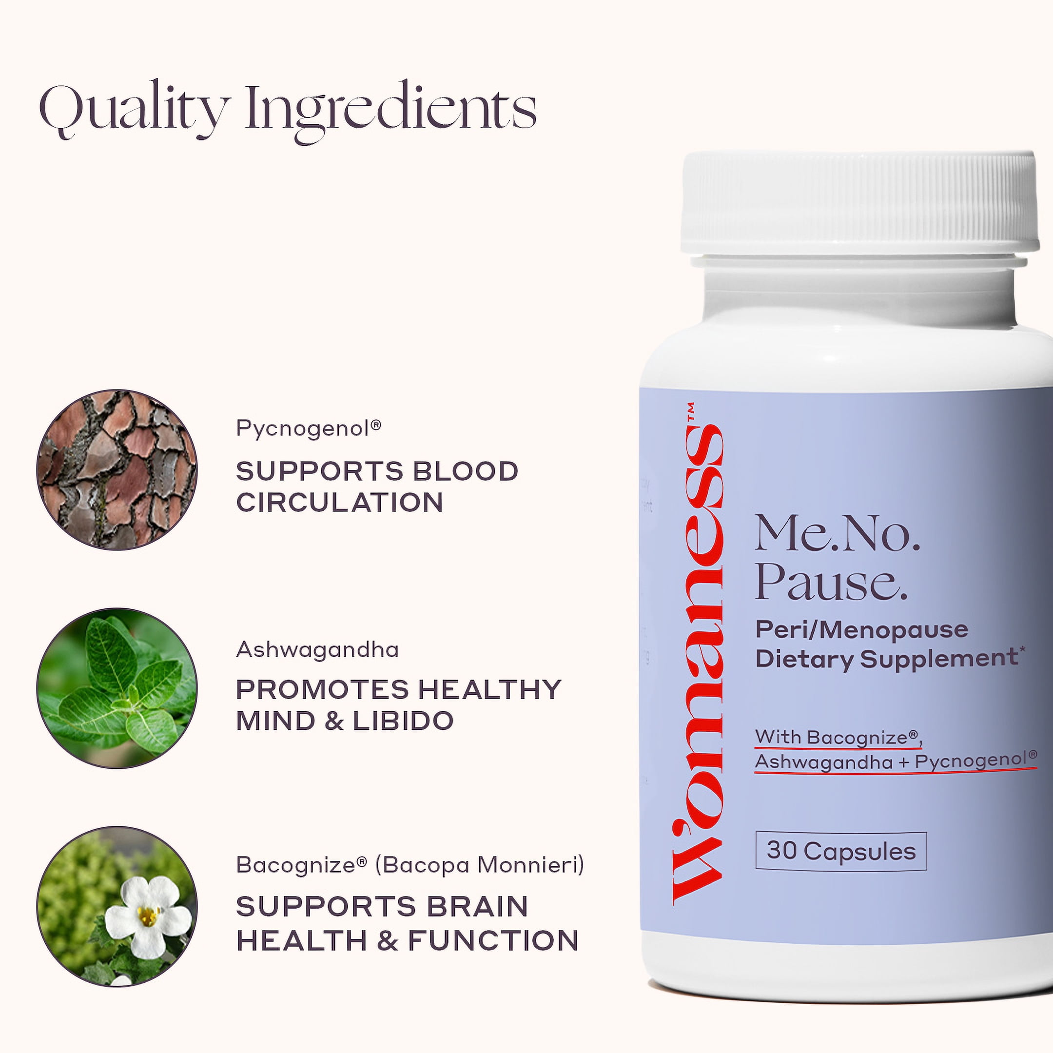 Womaness Menopause Supplement, Relief for Hot Flashes & Night Sweats with Bacognize for Memory + Ashwagandha for Mood & Vaginal Dryness, 30 Capsules