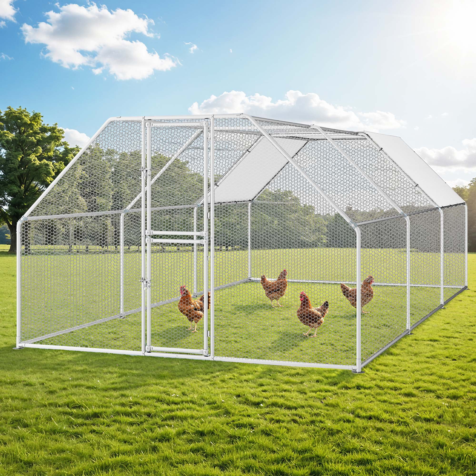 Uforic Large Metal Chicken Coop for 20-30 Chickens – 19.1x9.8x6.4ft Walk-In Poultry Cage with Flat Roof, Waterproof PE