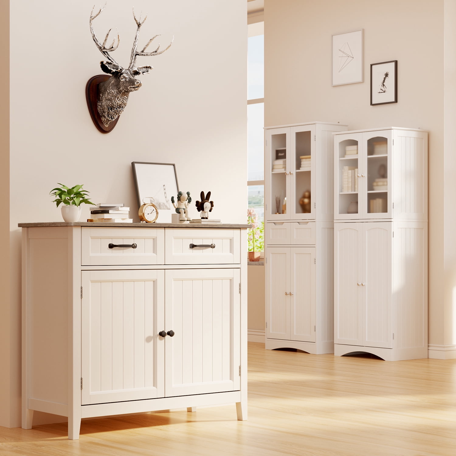 Coffee Bar Cabinet, Lofka 35.4 Inch Small Sideboard Buffet Cabinet with Drawers & Adjustable Shelf, Slim Waterproof Storage Cabinet for Apartment Kitchen Entryway Living Room Home Office, Gray