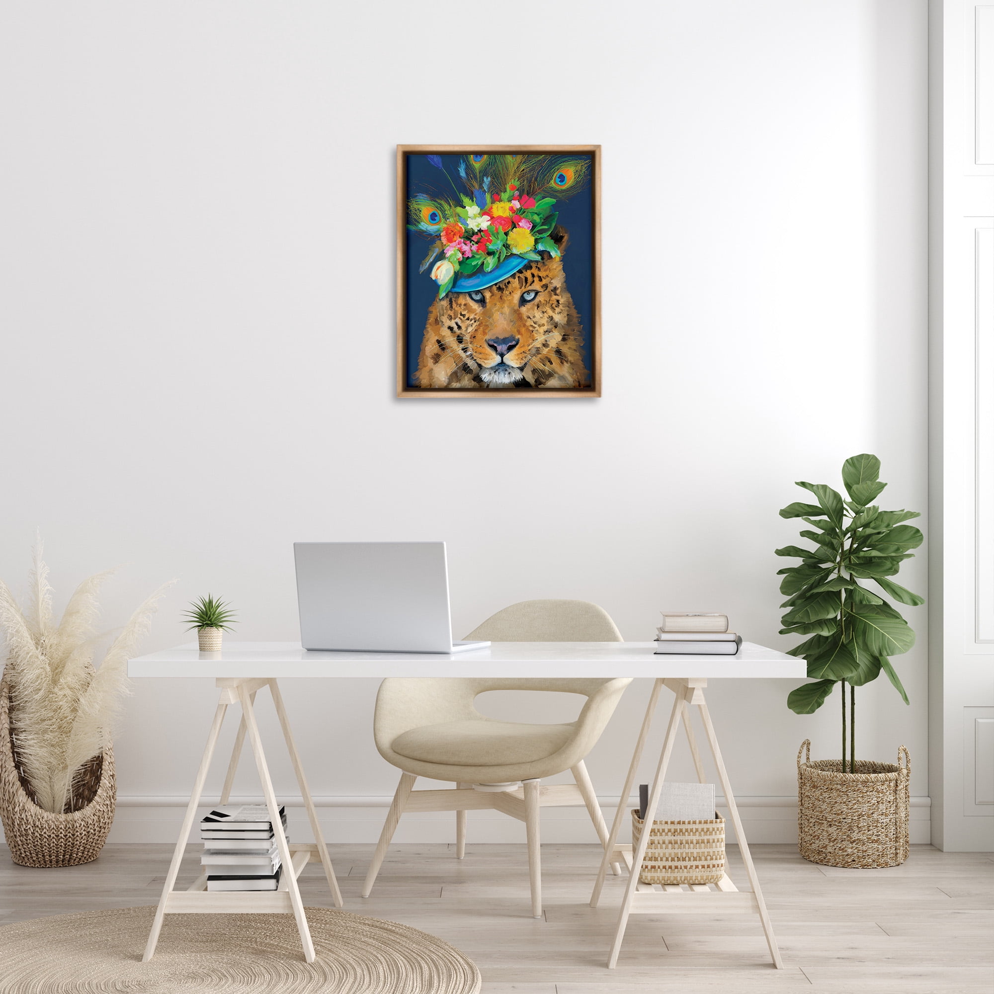 Stupell Industries Cheetah with Feather Hat Animals & Insects Painting Brown Floater Framed Canvas Art Print Wall Art, 25 x 31