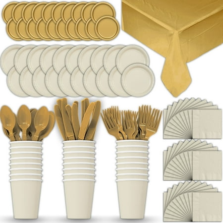 Gold Dinner Knife - Paper Tableware Set for 24 - Cream & Gold - Dinner and Dessert Plates, Cups, Napkins, Cutlery (Spoons, Forks, Knives), and Tablecloths - Full Two-Tone Party Supplies Pack