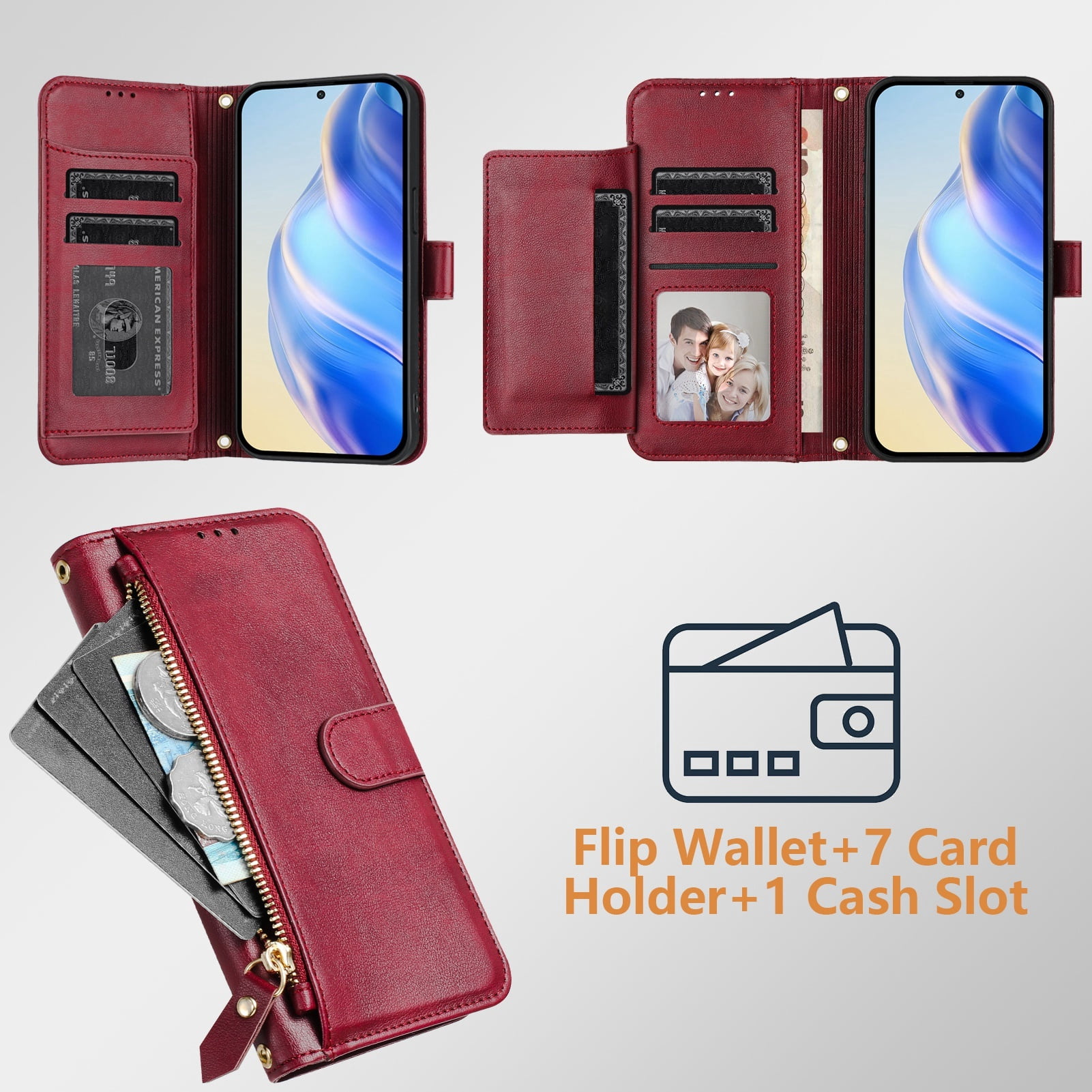 Filp Case for TCL 305 Zipper Pocket Magnetic Flip Wallet Phone Case with 7 Card Slots and Wrist Strap