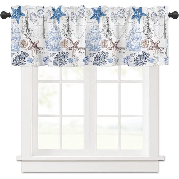 Coastal Valance Curtains for Bedroom Living Room Nautical Starfish Blue Seaweed Roman Shades for Windows Underwater World Curtains & Drapes Aesthetic Kitchen Window Curtains Over Sink 54x18in,1 Panel