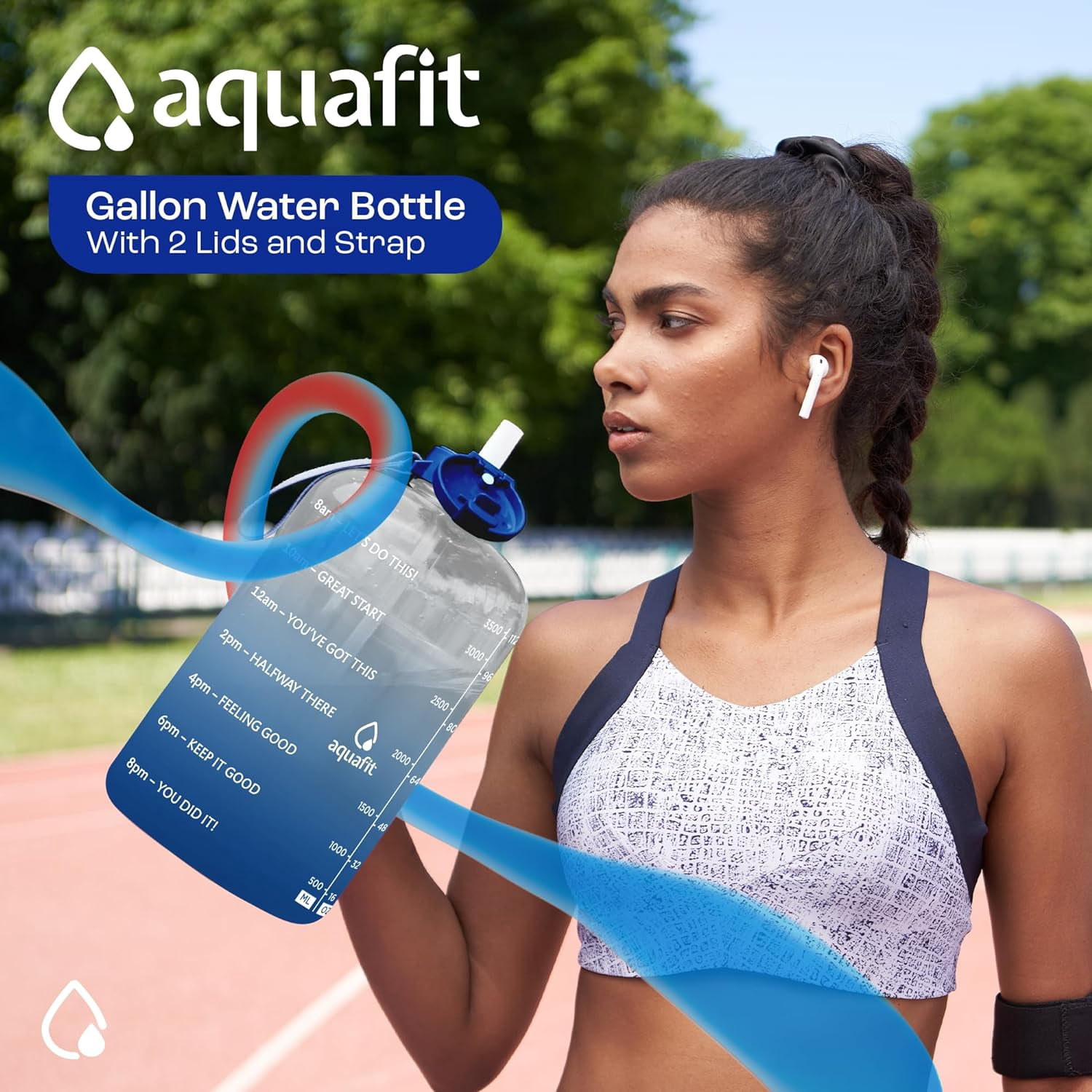 AQUAFIT - Water Bottle with Straw - Motivational Big Water Bottle with Time Marker - 1 Gallon, Blue Fade