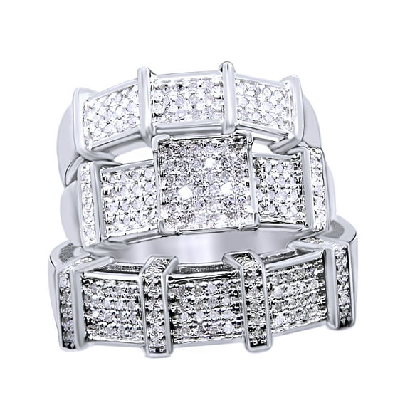 AFFY White Natural Diamond Engagement & Wedding Trio Band Ring Set In 10k White Gold (0.69 Cttw)