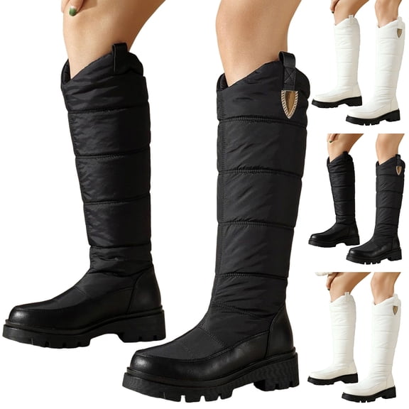Pandaie Knee High Boots Women Winter Snow Cowboy Western Boots Waterproof Platform Wide Calf Warm Outdoor Dressy Shoes Black 6.5