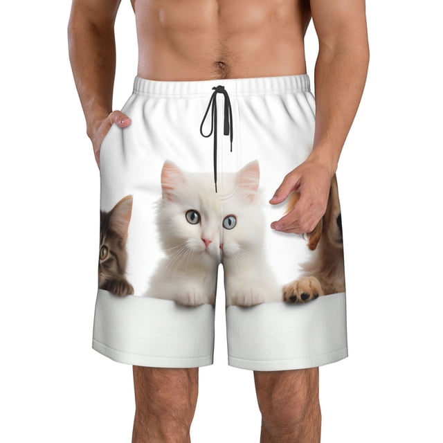 Fotbe Cute Kittens And Puppy Trajes de Baño Estampados para Hombre, Shorts de Verano de Secado Rápido, Ropa de Playa, Bañadores-Large
