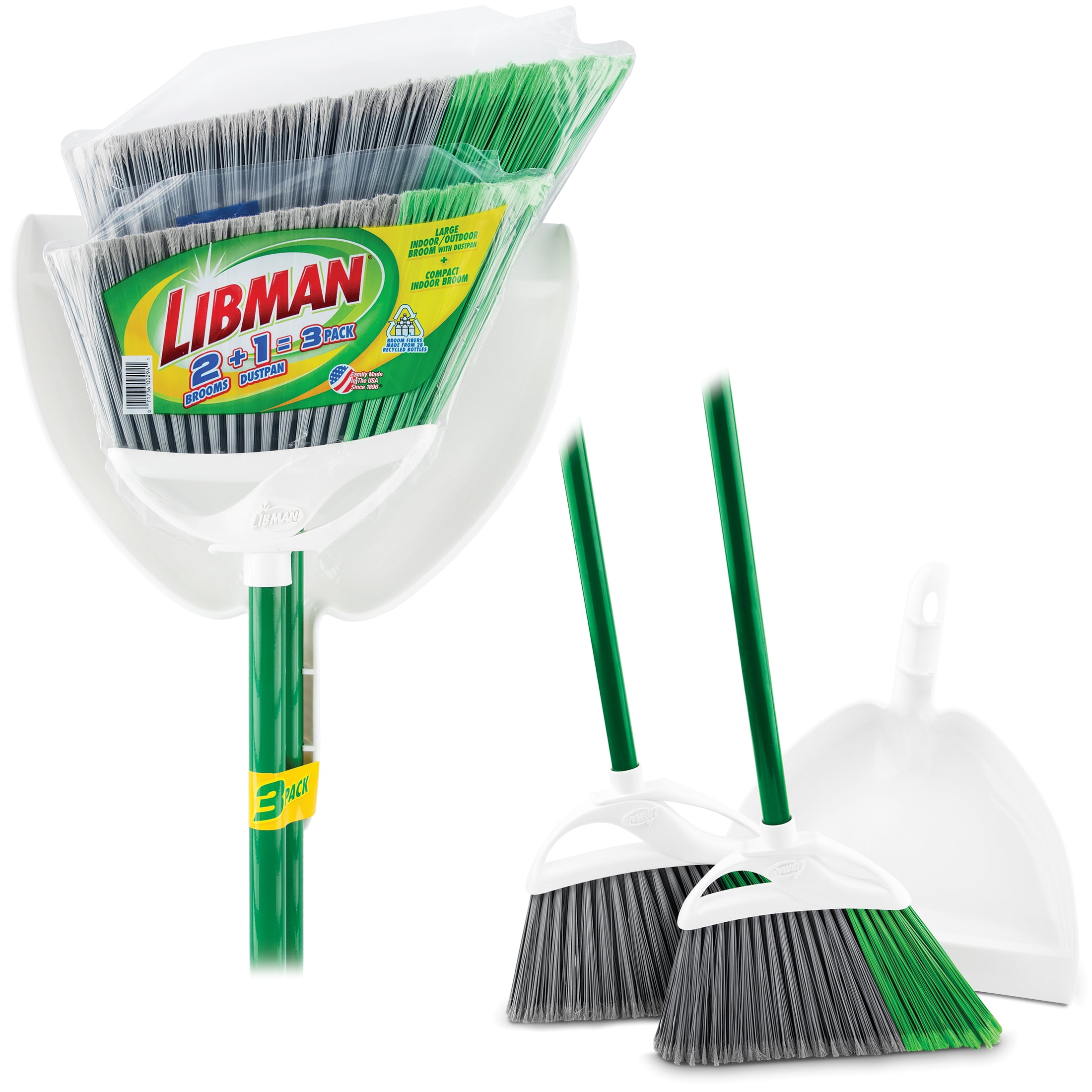 Libman 2pk Precision Angle Brooms and Dust Pan Value Pack Green Steel Handle Dual Broom Fibers