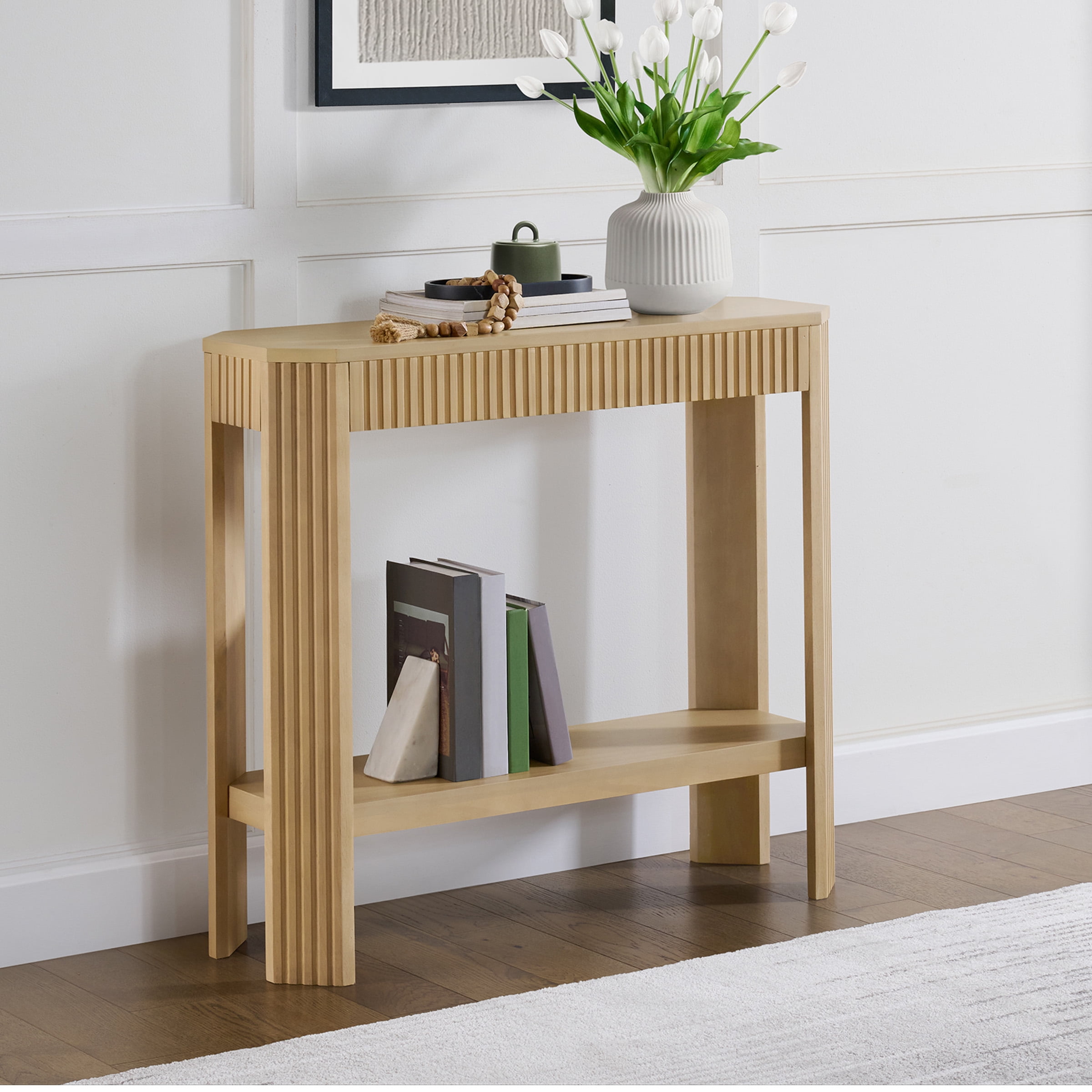 Alaterre Furniture Fluted Wood Console Table - 36in Modern Entryway Table with Storage Shelf, Light Oak