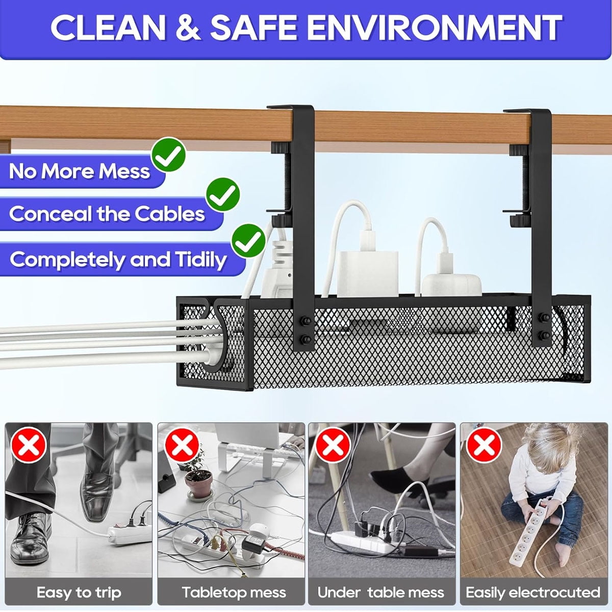 Under Desk Cable Management Tray, No-Drill Mesh Table Cable Basket For Managing Cables And Power Strips, No Screws Tidy Box Wire Organiser For Home, Office, Internet Cafe