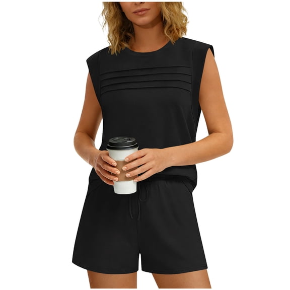 HomeGardon Two Piece Sets for Women Solid Color Short Sleeve Front Pleated Round Neck Top and Shorts Set