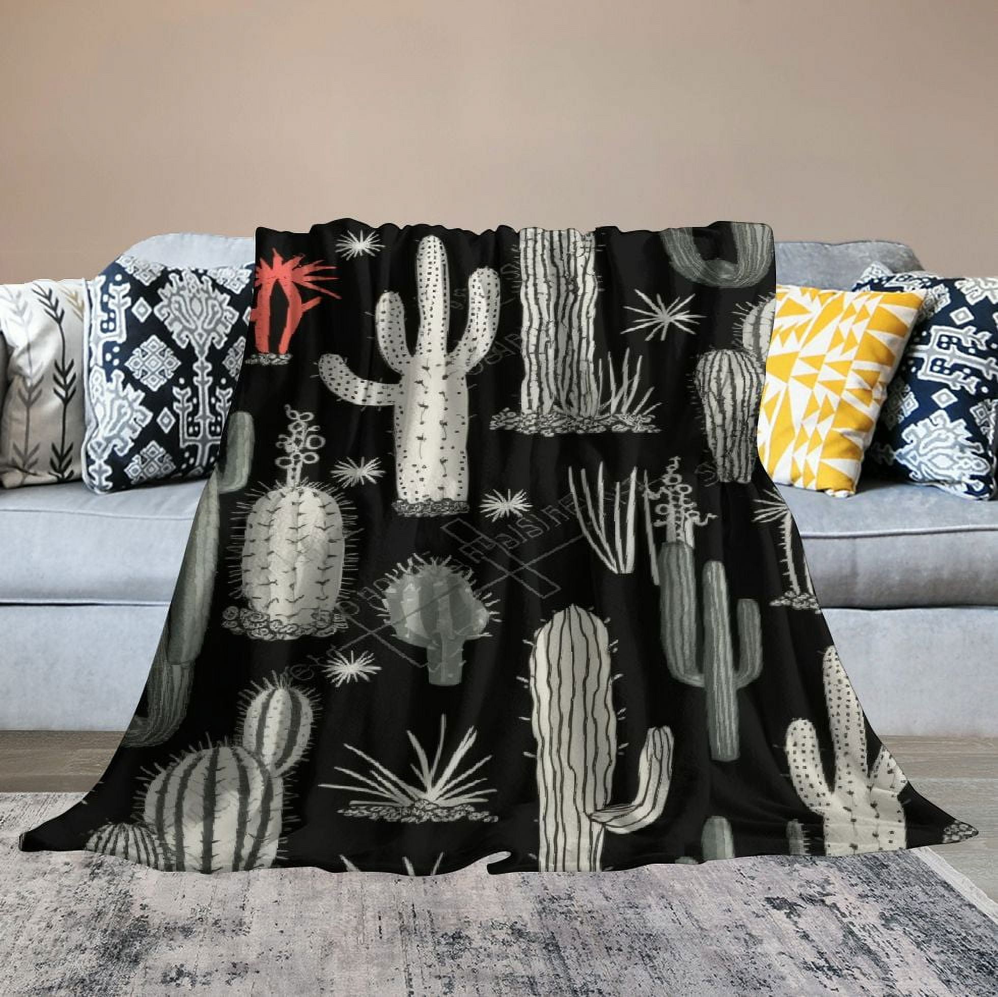 ONETECH  Western Cactus Throw Blanket Black and White Seamless Repeat Fun Western Cactus Decorative Soft Warm Cozy Flannel Plush Throws Blankets for Baby Toddler Dog Cat