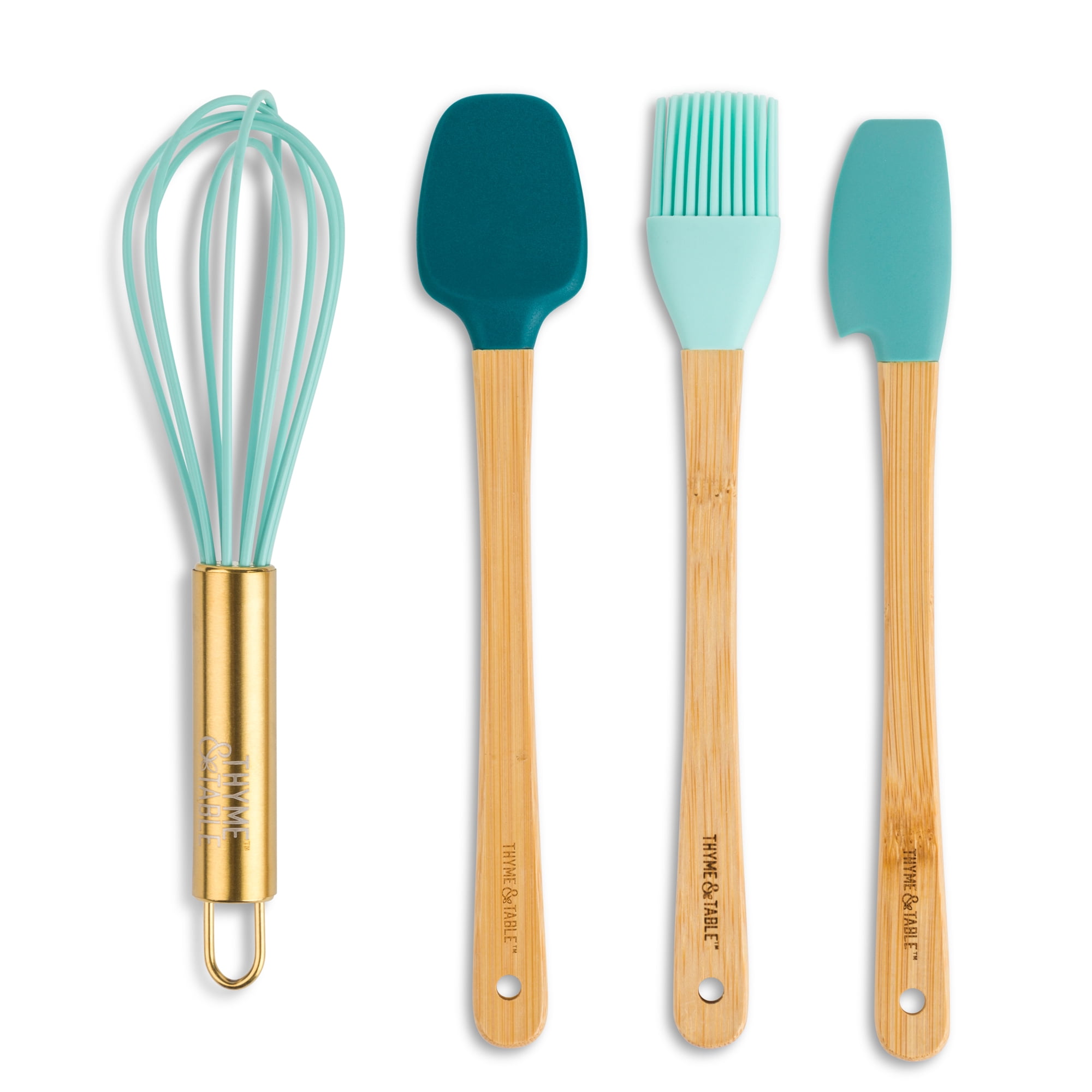 Thyme & Table Mini Kitchen Utensil Set with Whisk, Spatula, Mini Loaf Pan, Cupcake Liners, 11 Pieces, Teal