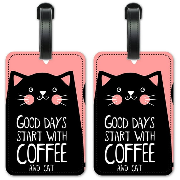 Good Day starts with Coffee and Cats - Luggage ID Tags / Suitcase Identification Cards - Set of 2