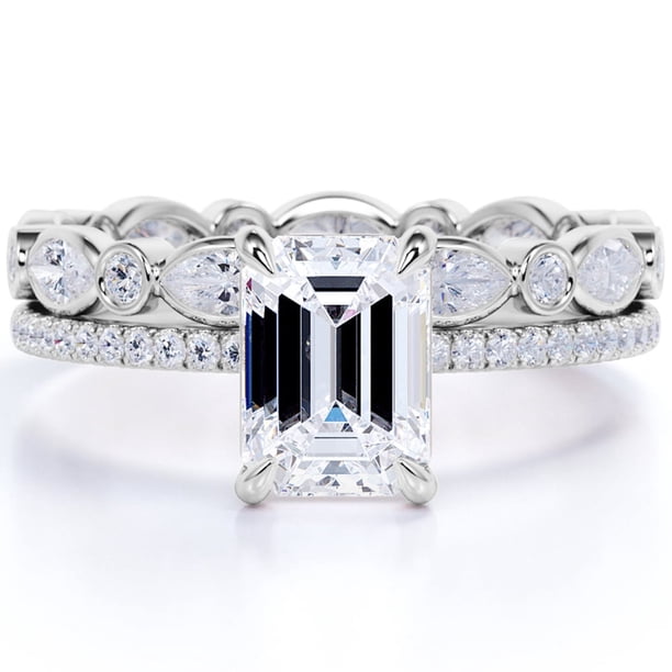 JeenMata Anillo Nupcial de Moissanita de Talla Esmeralda de 2 Quilates Engastado con Banda Infinita en Oro Blanco de 18 K sobre Plata