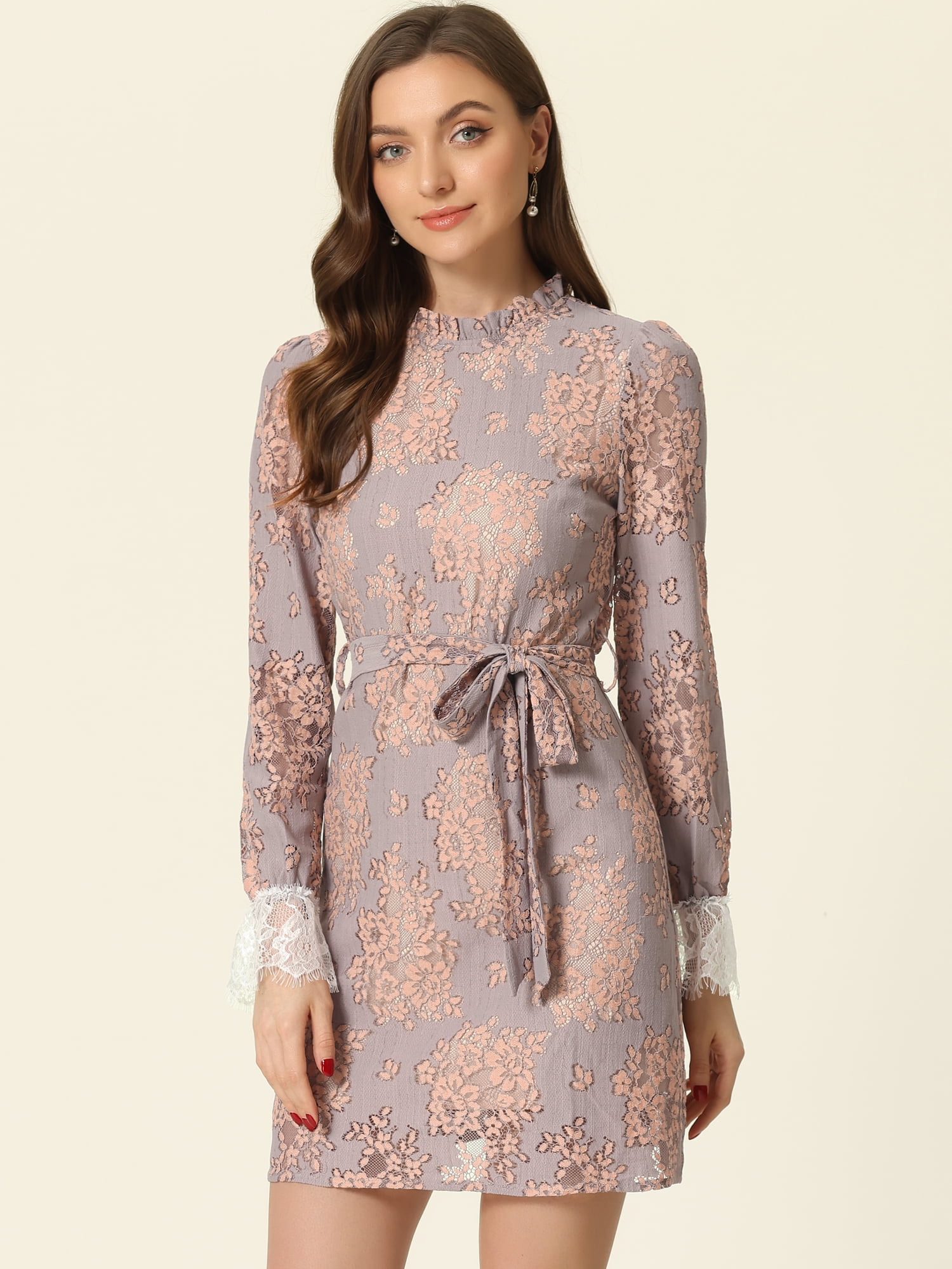 DARING DIVA Floral Ruffle Crew Neck Vintage Mini Lace Dress XL Grey Pink