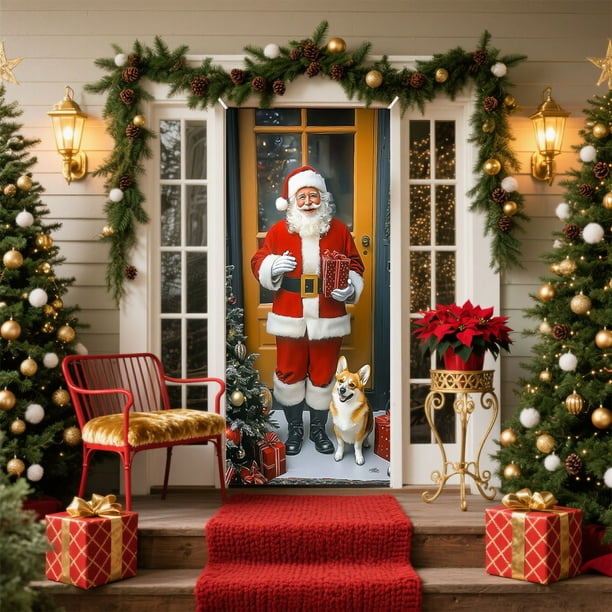 Christmas Door Cover Santa Claus Print Holiday Party Decoration Polyester Fabric Door Hanging for Home Indoor Outdoor Festive Decor
