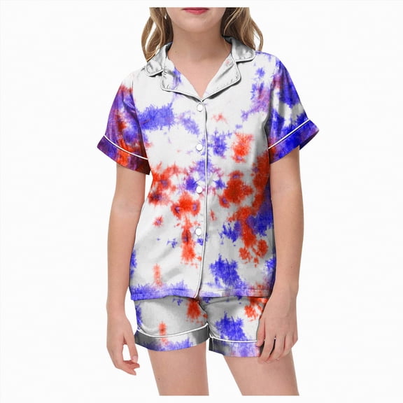 JUMEYU Summer Pajamas for Girls Girls Clothes Trendy Tie Dye Pajamas 2-Piece Shirt & Shorts PJ Set Size 12-13 (D,12-13 Years)