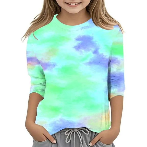 Hiijoy Big Girls Tie Dye T-Shirt 3/4 Sleeve Crew Neck T Shirt Casual Versatile Tshirt