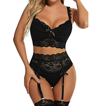 

bvgfsahne Women Sexy Sheer Floral Lace Pajamas Lingerie Set High Waist Sleepwear Bra And Panty 3 Piece Nightwear S Xxl