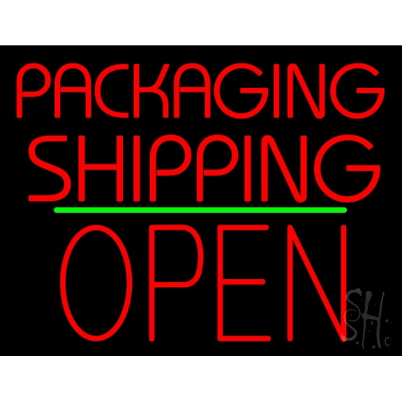 Packaging Shipping Open Block Green Line LED Neon Sign 24 x 31 - inches, Black Square Cut Acrylic Backing, with Dimmer - Bright and Premium built indoor LED Neon Sign for Store interior and stroefront