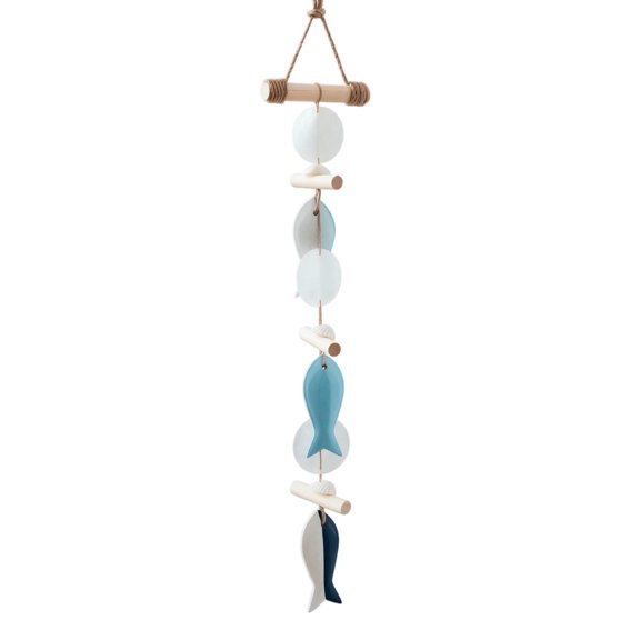 Coastal Wooden Fish Wall Hanging, Single Strand Blue White Nautical Decoration with Round Discs and Twine for Bedroom Entryway, 25.59in