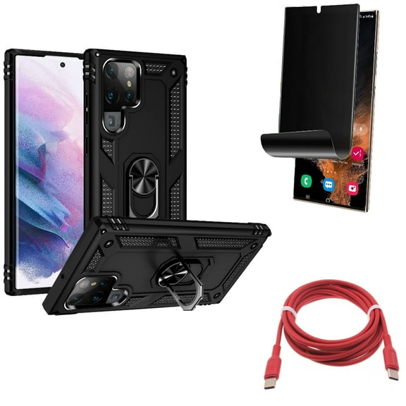 Red 6ft Long Cable & Hybrid Case Cover & Privacy Screen Protector for Samsung Galaxy S22 Ultra (6.8") - Combo USB-C to Type-C PD Fast Charger Cord & Metal Ring Kickstand & TPU Film (Fingerprint)