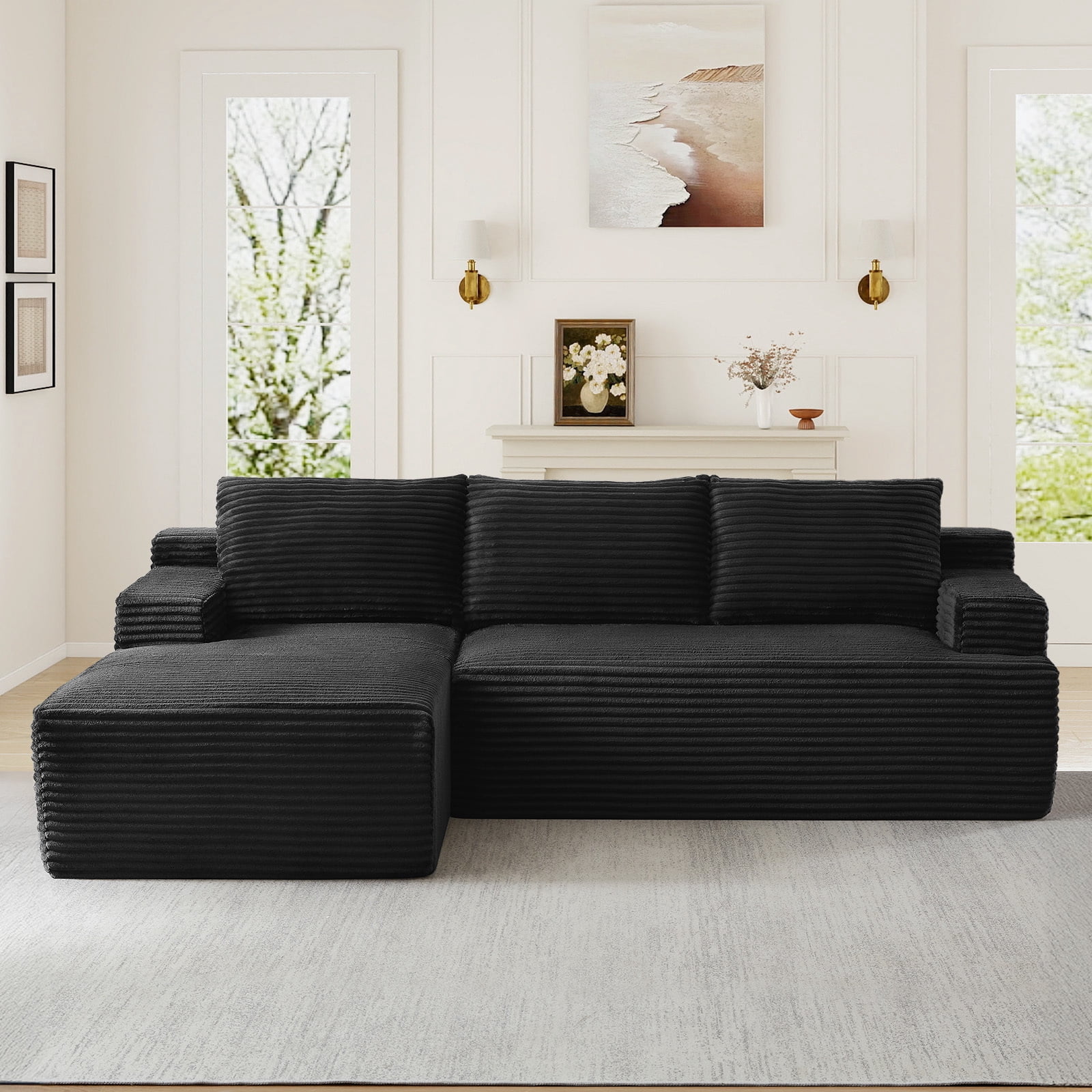 Muumblus L-Shaped Modular Sectional Sofa with Chaise, Boneless Deep Seat Cloud Couch, No Assembly Corduroy Sleeper Sofa for Living Room, Black（Left Facing Chaise）