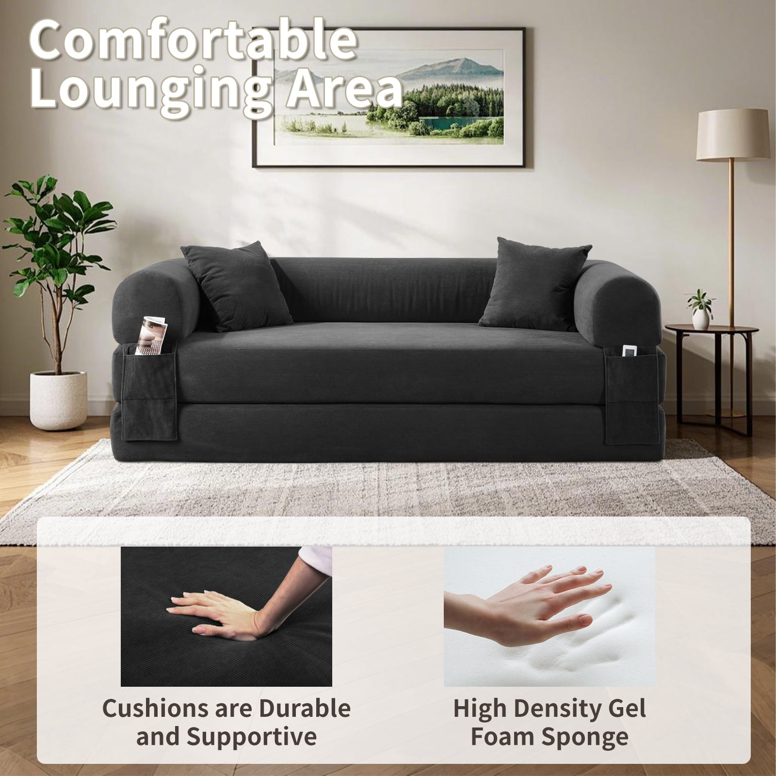 3 in 1 Convertible Sofa Bed, 80" Corduroy Folding Pull Out Couch with 2 Pillows, Floor Sofa with Side Storage for Living Room, No Assembly Modern Boneless Couch Compression Sofa, 35.4"W
