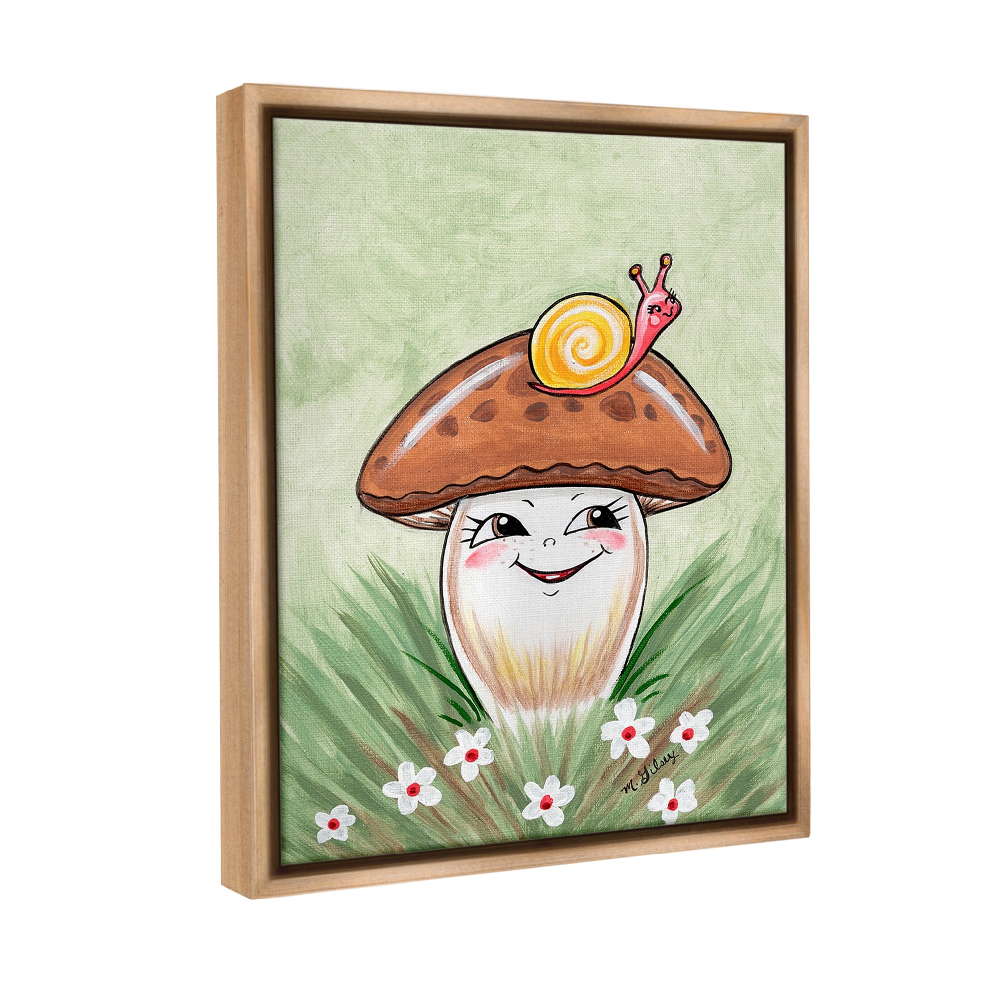 Stupell Industries Smiling Mushroom & Snail Botanical & Floral Painting Brown Floater Framed Canvas Art Print Wall Art, 17 x 21