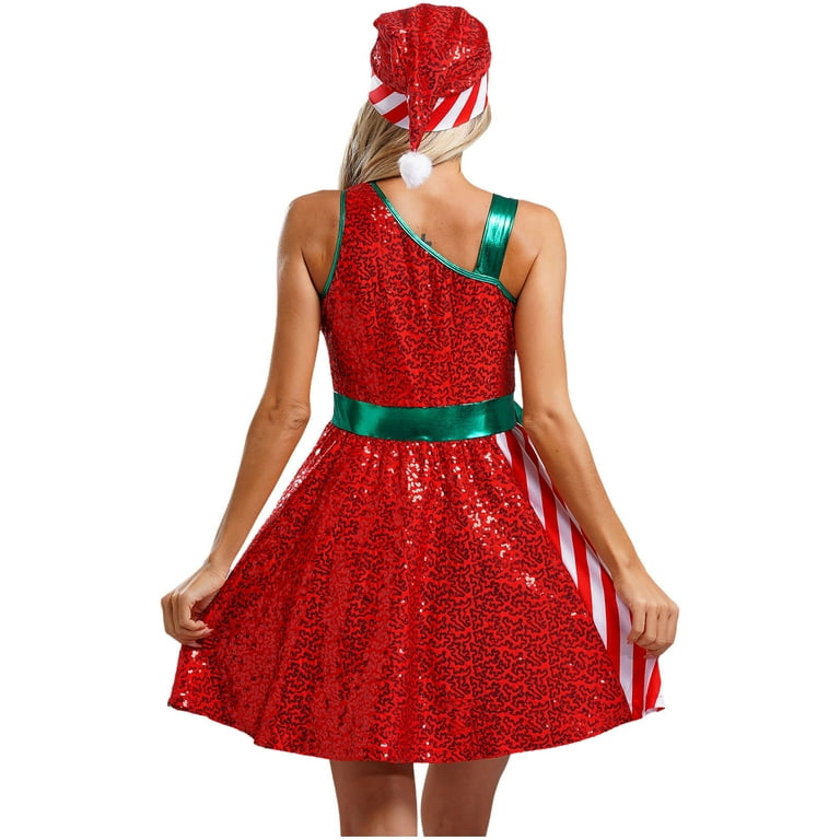 iiniim Women's Christmas Dance Dress Mrs.Santa Claus Shiny Sequin Xmas  Party Dress with Hat Red 3XL - Walmart.com