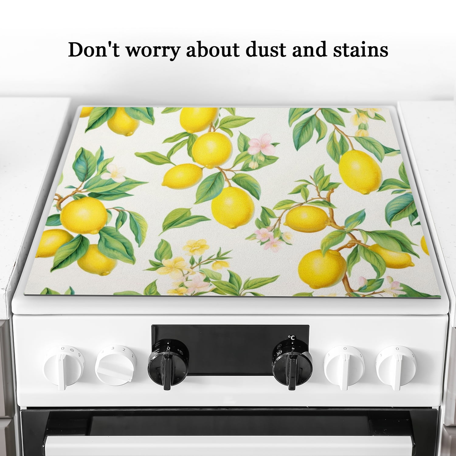Kitchen Stove Cover, Lemon With Flowers, Premium Glass Countertop Protector, Glass Induction Cooktop Protector mat, Non-slip Foldable Decoration pad, RV Stove Cover (28×20 Inch)