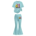 thumbnail image 3 of Ulitacool Girls Clothes Short Sleeve Sweatsuit Round Neck Cartoon Prints Tops With Flared Pants Two Piece Coordinated And Bottoms For Kids Soft Summer Outfits Mint Green 7-8 Years, 3 of 5