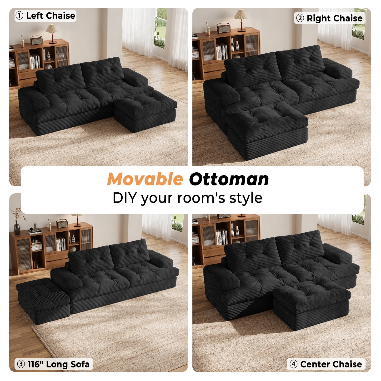 85" Modular Sectional Sofa for Living Room, L-Shaped Corduroy Cloud Couch with Ottoman, Two-Layer Cushion, No Assembly Boneless Sofa, Black