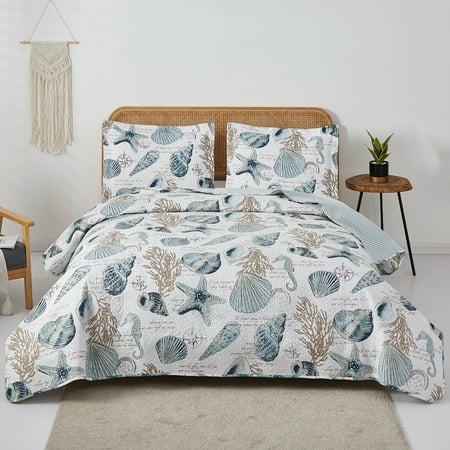 Jessy Home Shell Quilt Queen/Full Size Coastal Beach Bedspreads Microfiber Bedding Set