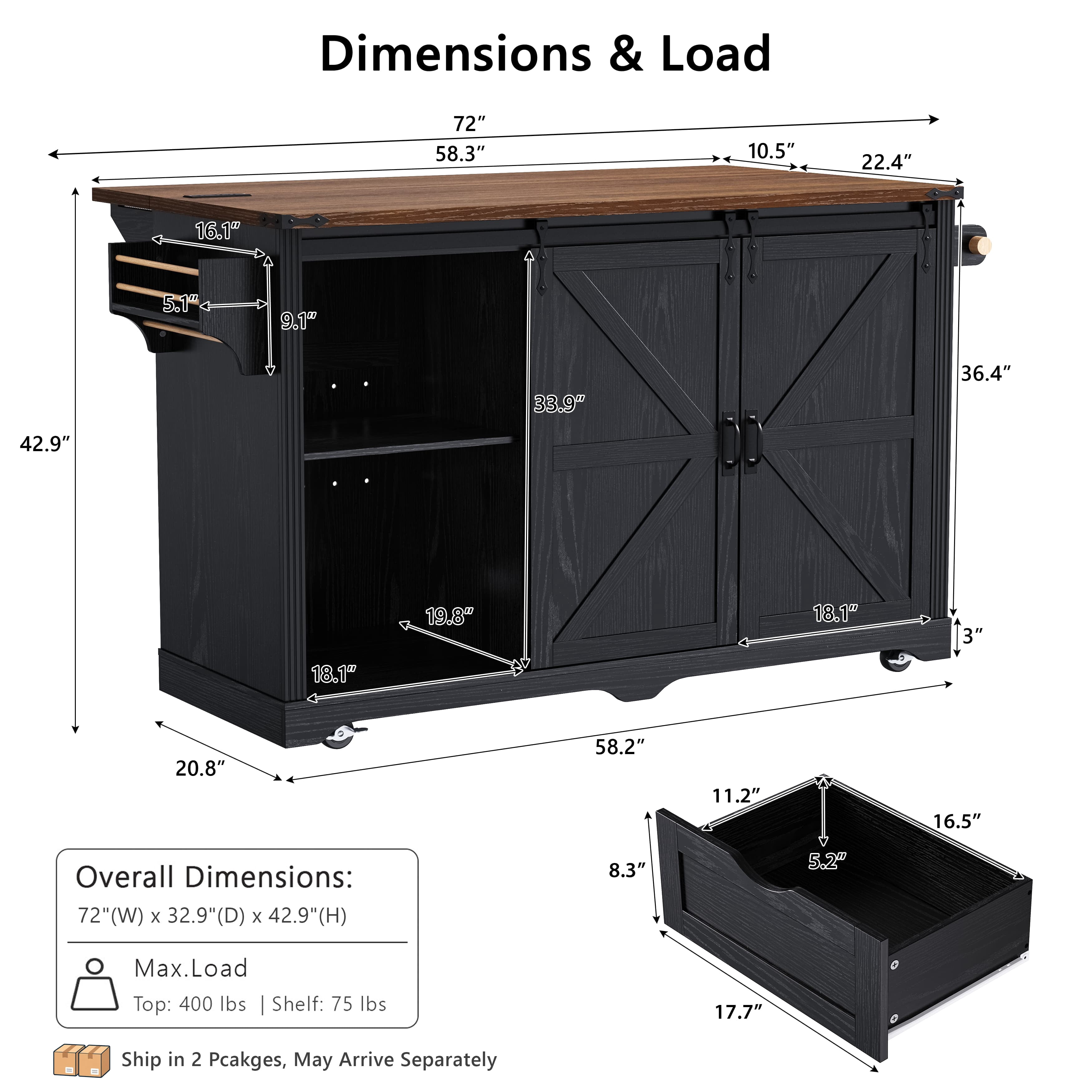 Aukfa 72" Farmhouse Kitchen Island with Fridge Space & Power Outlet, Rolling Storage Cart, Black