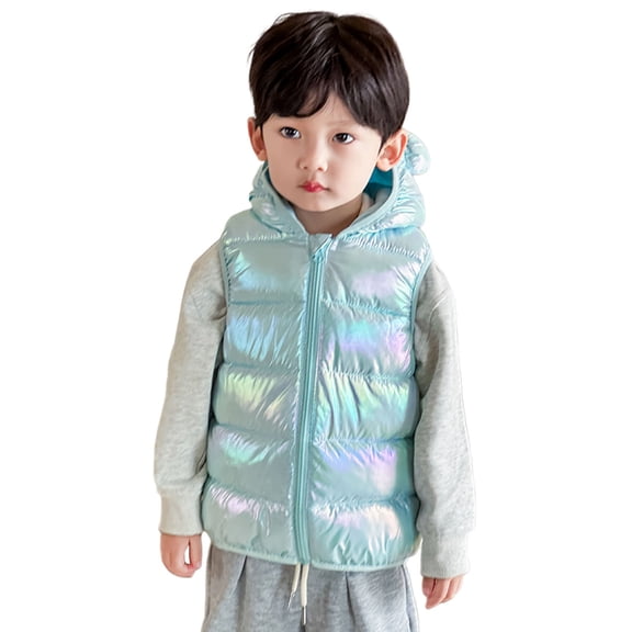 Ruiwill Girls Coat Reversible Vest With Hood Color Changing Winter Warm Sleeveless Jacket For Outdoor Activities Crew Neck Print Girl Outerwear Green Size 2-3 Years