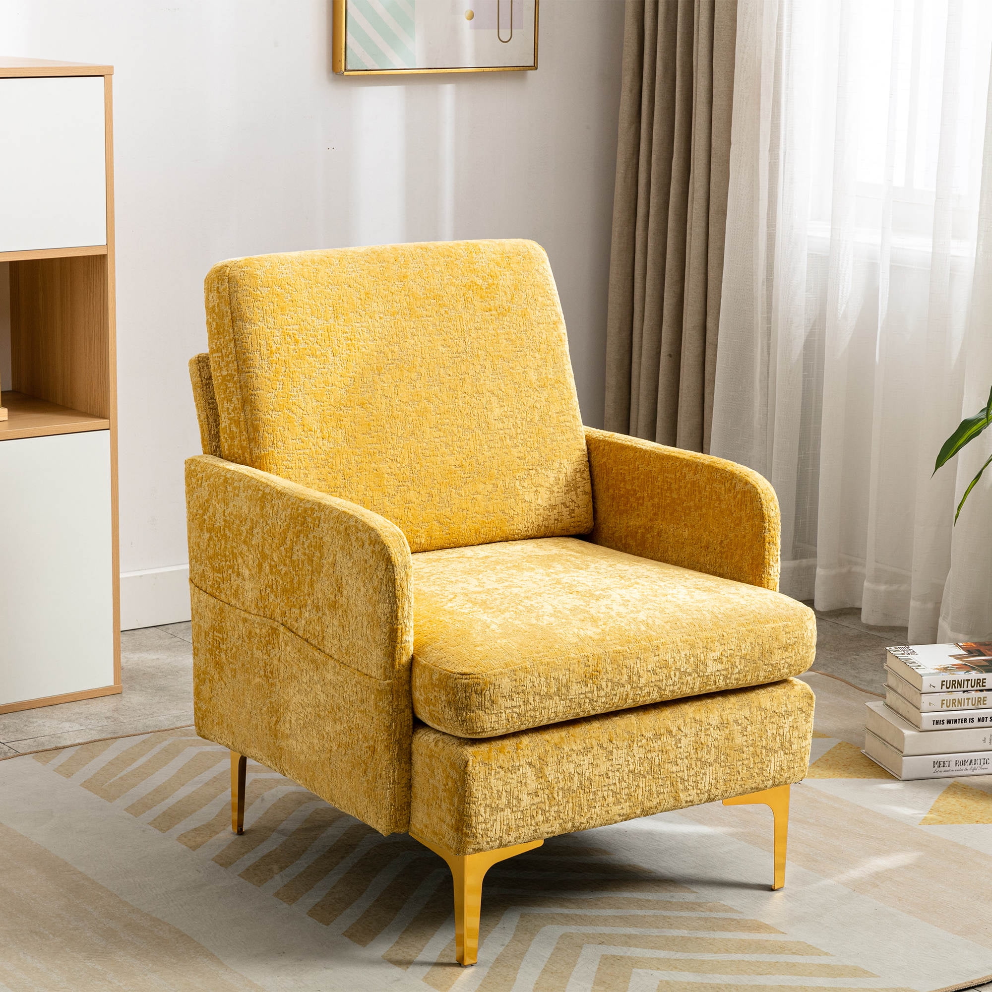 Single Sofa Chair, Cut Pile Thick Cushion Upholstered Accent Living