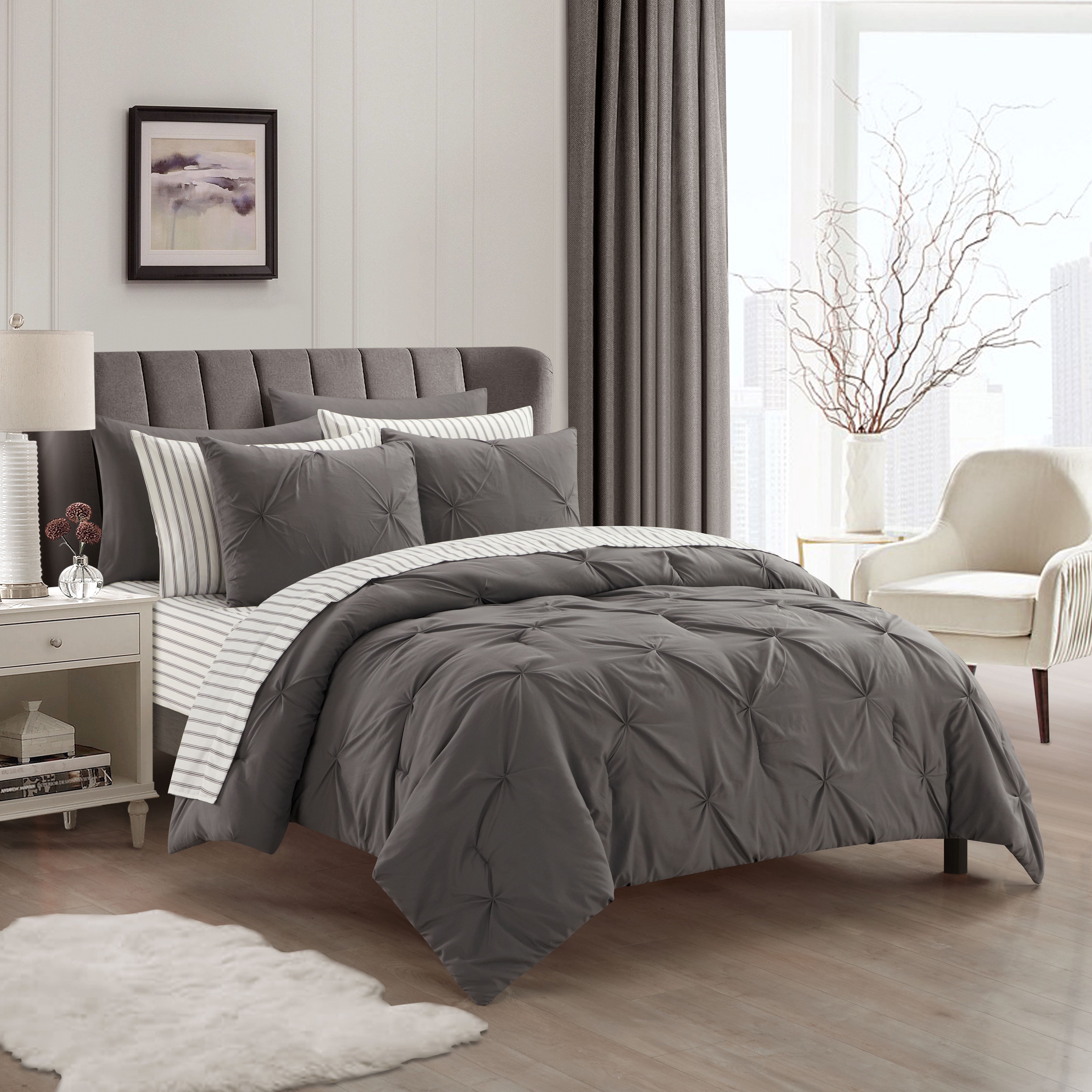 Sharper Image 9-Piece Grey Down Alternative Pintuck Bed-in-a-Bag Set, King