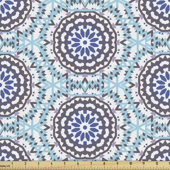 Abstract Fabric by the Yard, Modernized Tribal Motifs Pattern, Decorative Upholstery Fabric for Sofas and Home Accents, Sky Blue Dark Ceil Blue by Ambesonne