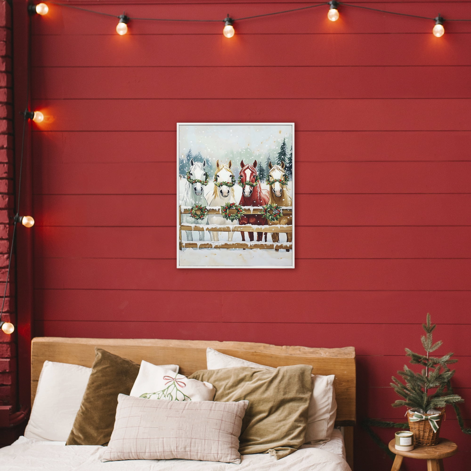 Stupell Industries Christmas Horses with Holly Wreaths White Framed Giclee Art, design by The Prints Vibe