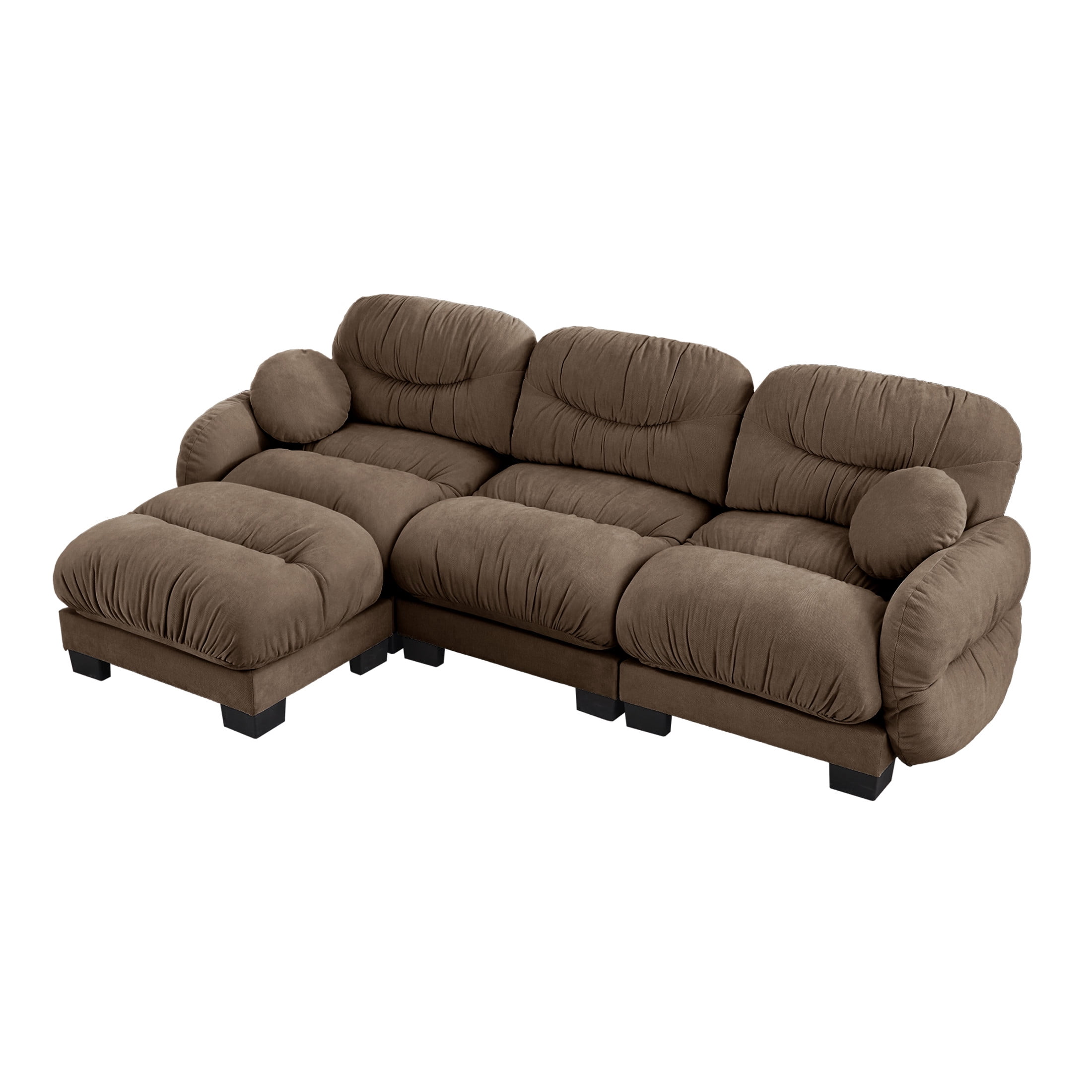 Noble House Corlan Pleated Chenille 3-Seater Sectional Sofa, Modular Deep Seat Couch with Ottoman and Throw Pillows, Brown