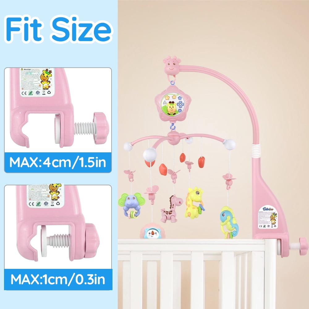 Baby Crib Mobile with Remote Control, Music, Star Planet Projector, 360° Rotation - Pink Musical Baby Mobile with Detachable Chewable Rattles & Teethers