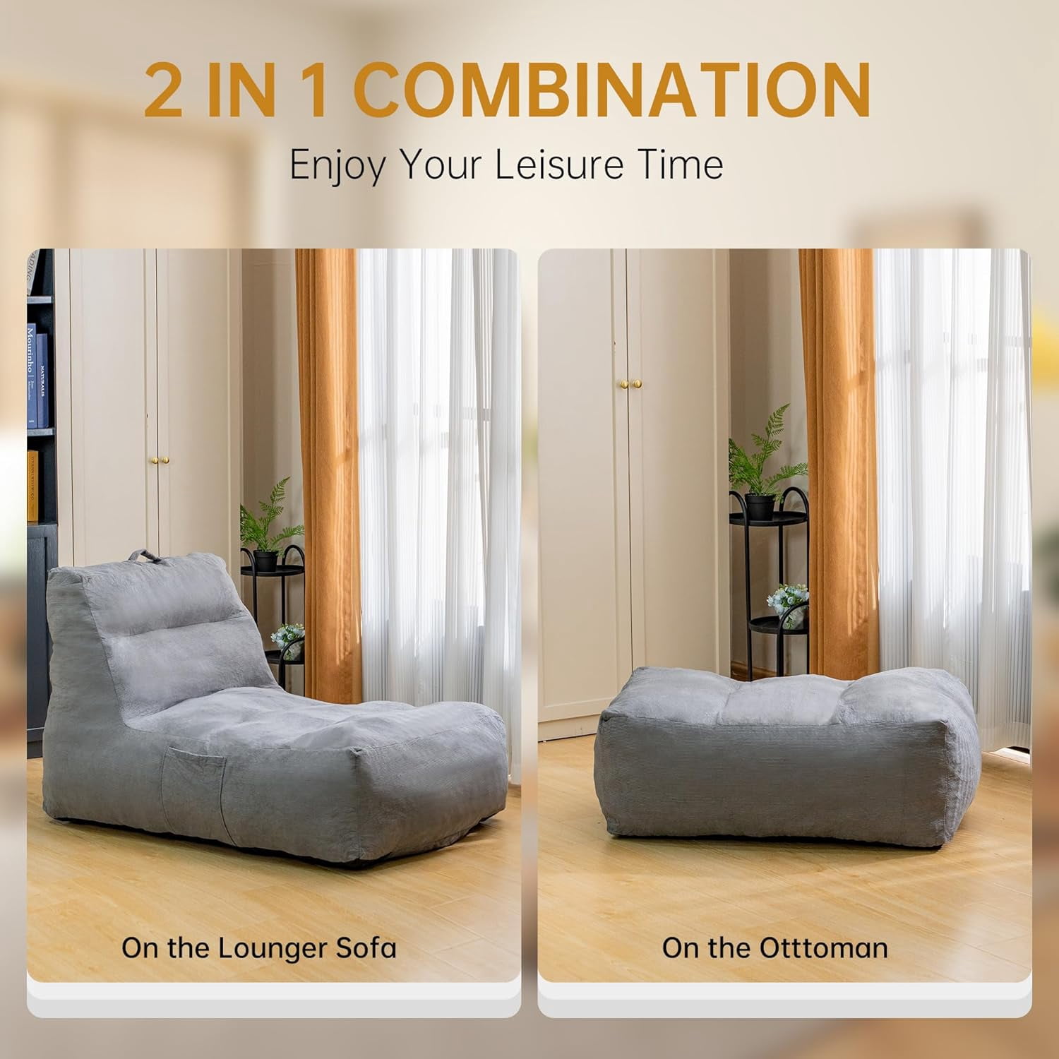 LinkRomat Giant Bean Bag Chair with Ottoman for Adults, Oversized Corduroy Memory Foam Beanbag Chair with Filler Included, Comfy Lounge & Gaming Chair for Living Room and Bedroom