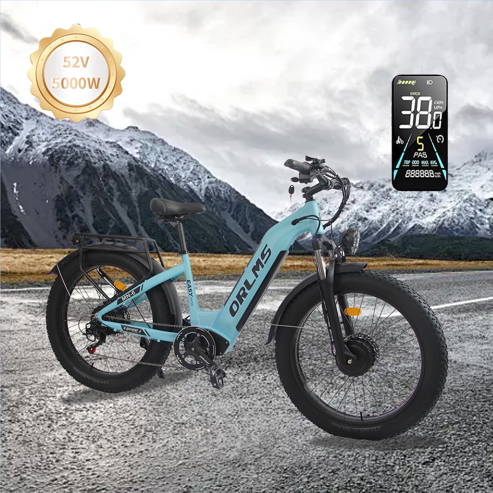 5000W Peak Dual Motor AWD Electric Bike, 52V 23AH 7-Speeds 40MPH 26" Fat Tire Mountain Snow E Dirt Bicycle