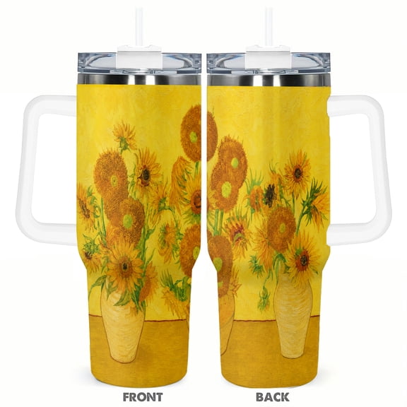 40oz Sunflower Vase Art Tumbler with Handle and Straw Stainless Steel Insulated Car Cup Travel Coffee Cup Gift for Women